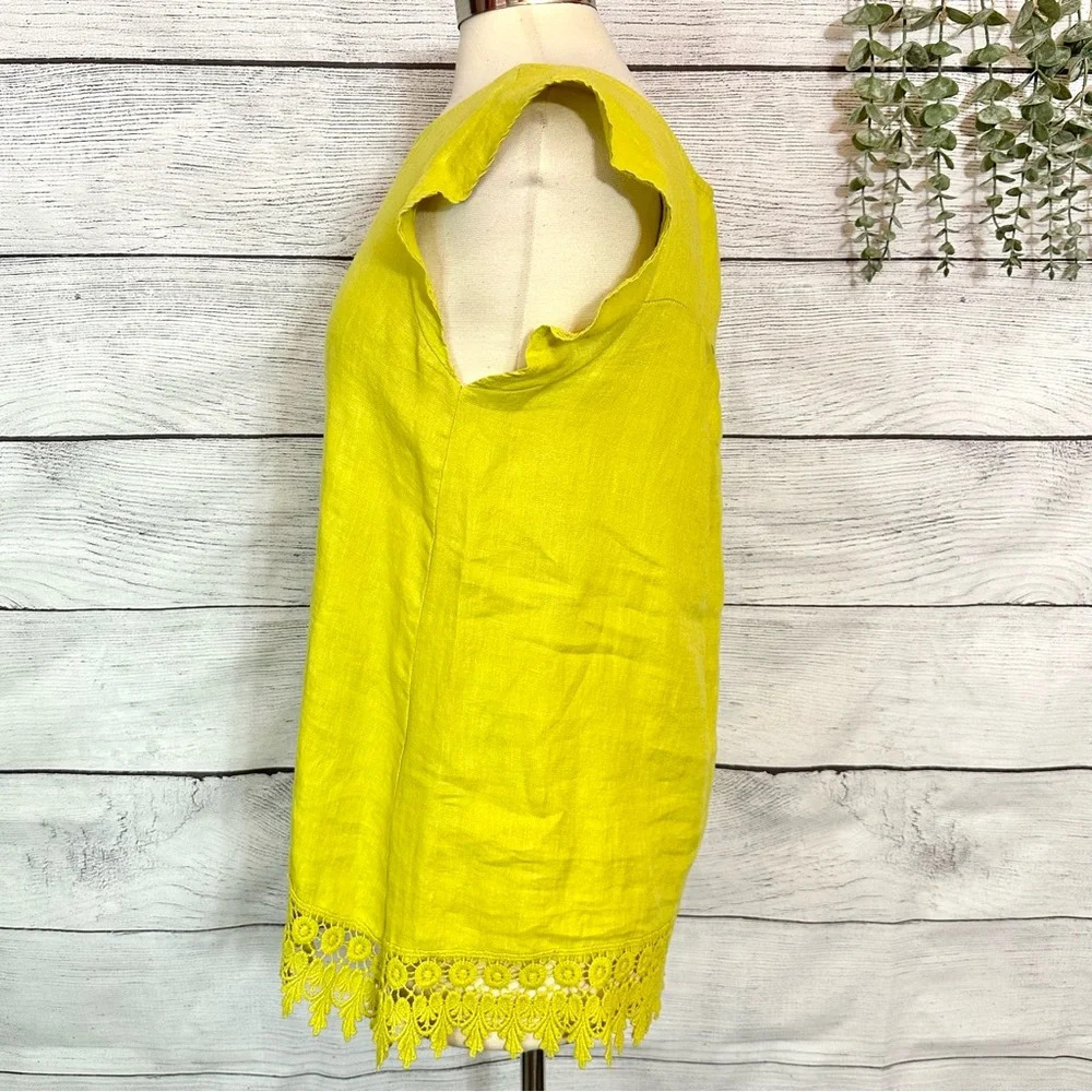 TERZO MILLENNIO Yellow 100% Linen Top MADE IN ITALY Eyelet Trim Tank Top Size S - Picture 3 of 7